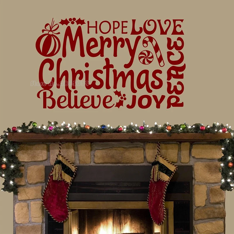 

Hope Love Merry Christmas Wall Stickers Mural Living Room Home Decoration Vinyl Wall Decal Furnace Wall Holiday Wallpaper LL2208