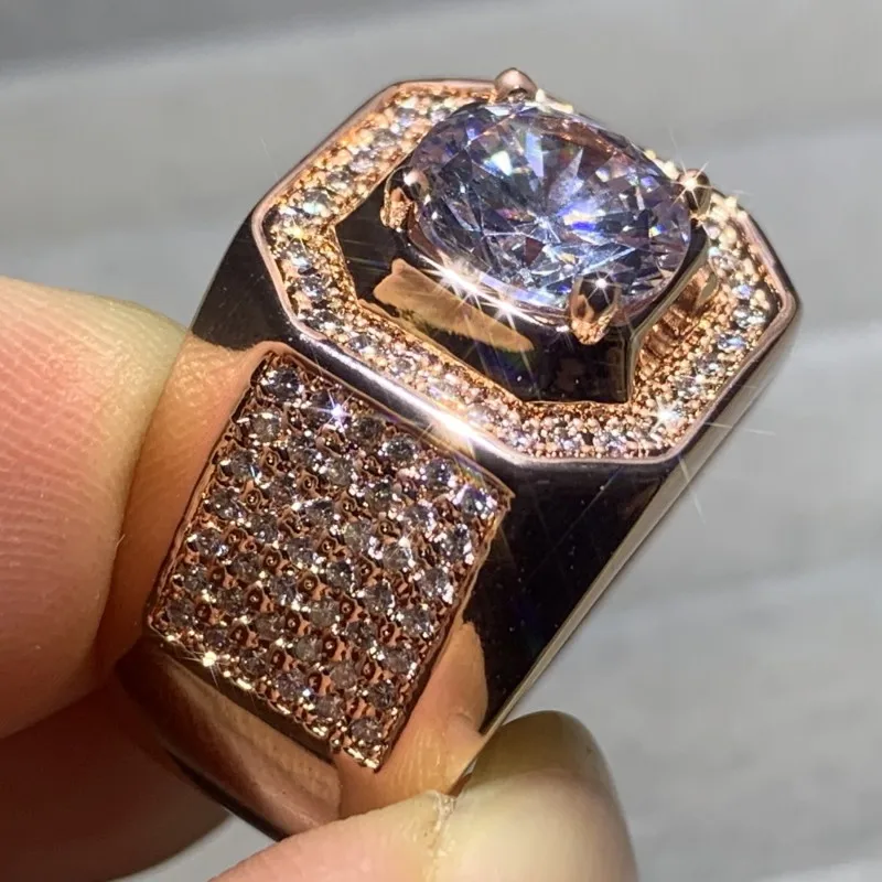 Sparkling Luxury Jewelry Male 925 Sterling Silver&Rose Gold Fill Round Cut AAAAA Cubic Zircon Eternity Pave CZ Men Wedding Ring