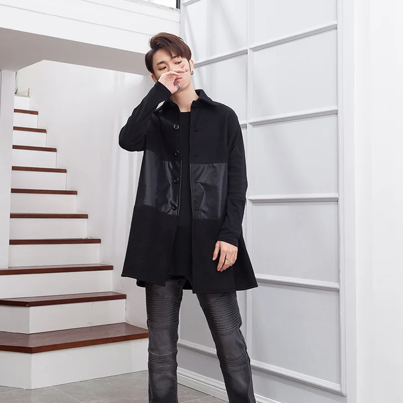 

Men's trench coat single breasted PU splice sleeveless cape coat jacket Stylish male singer stage outfit loose cape