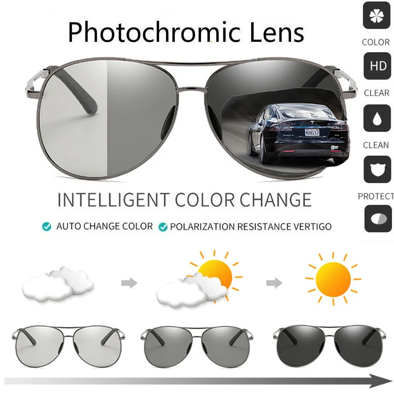 Polarized Photochromic Sunglasses Chameleon Glasses Square Sun Glasses Discoloration Eyewear Anti Glare UV400 Driving Goggles