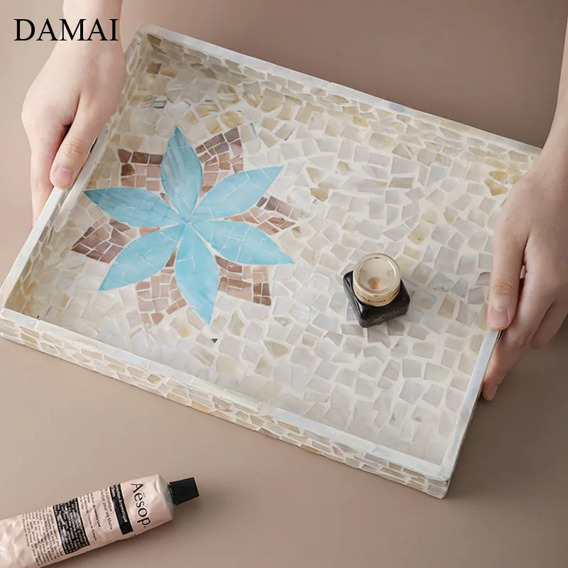 Hand Painted Wood Trays Decorative Natural Color Shell Rectangle Tea Set Storage Tray Kitchen Tableware Living Room Decoration