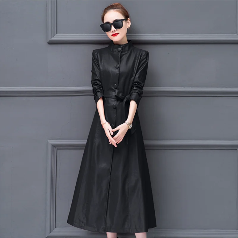 

High-quality leather women's spring autumn long Slim slim skinny trench coat leathers coat women's 2022 loose overcoat