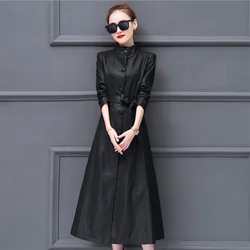 High-quality leather women's spring autumn long Slim slim skinny trench coat leathers coat women's 2022 loose overcoat