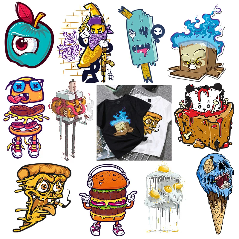 Skull Ice Cream Running Pizza Hamburger Heat Transfer Stickers For Clothes Stripes Thermal Stickers Cake T-Shirt Appliques