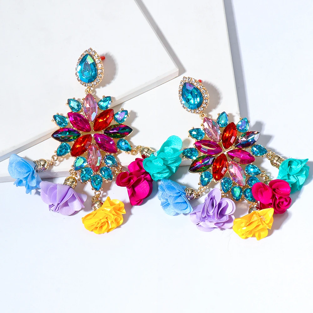 2024 Boho Colorful Earrings Flower Tassel Earrings For Women Rhinestones Pendant Crystal Statement Earrings Fashion Jewelry Gift