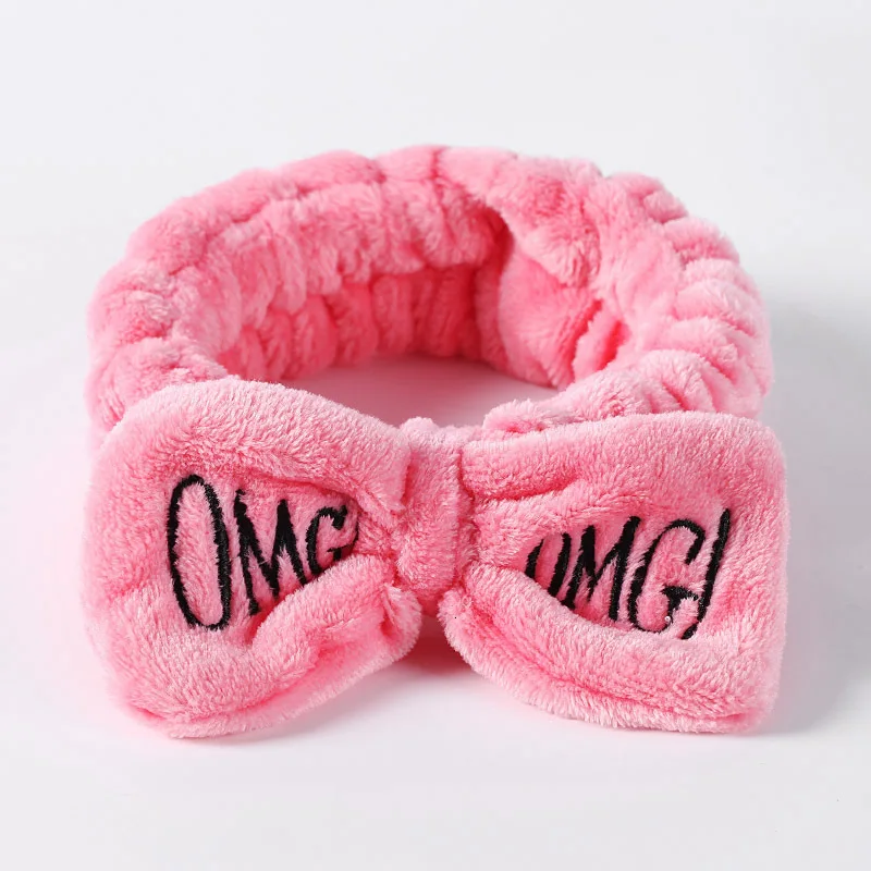 OMG Hairband Bow Face Washing Headwear For Women Fashion Korean Embroidered Letter Coral Fleece Hair Headband Hair Accessories