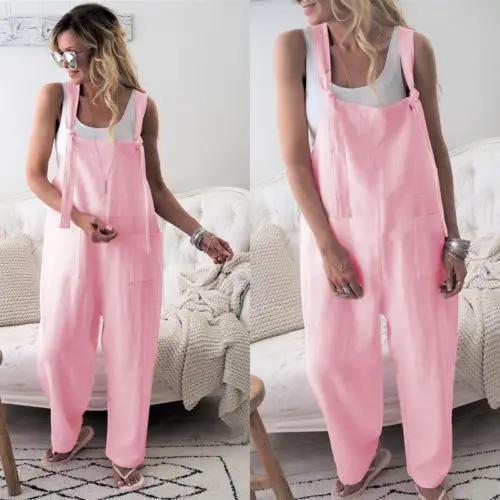 Rompertjes 2020 Nieuwe Merk Vrouwen Casual Losse Katoenen Linnen Solid Pockets Jumpsuit Overalls Wijde Pijpen Cropped Broek Hot