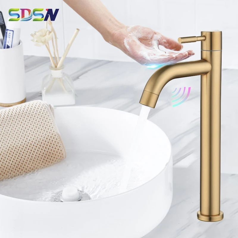 

Touch Bathroom Faucet SDSN Brushed Gold Touch Basin Sink Faucet Single Cold Bathtub Mixer Tap Smart Sensitive Basin Faucets