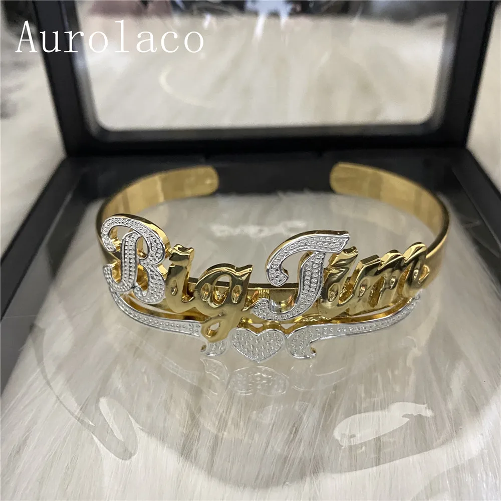 Imagem -04 - Aurolaco Pulseira com Nome Personalizado Bracelete de Aço Inoxidável Banhado a Ouro