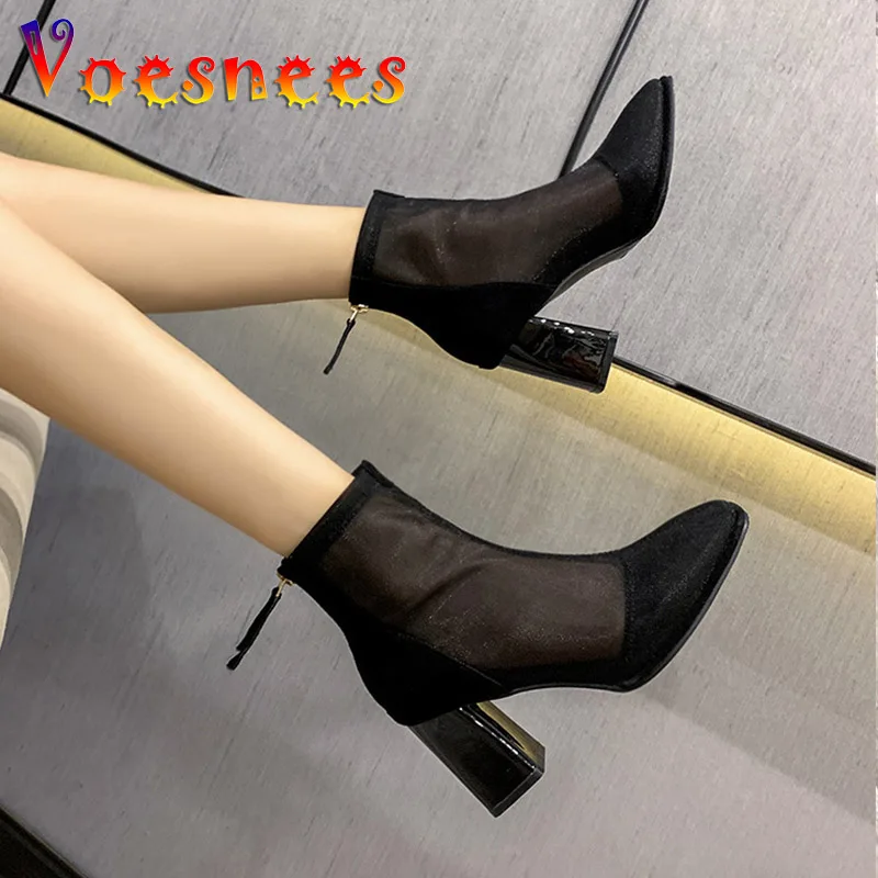 Summer Breathable Mesh Boots Square End Thick Sole Women Back Zipper Ankle Boots 2022 New 7.5CM Fashion Flock Square Heel Shoes