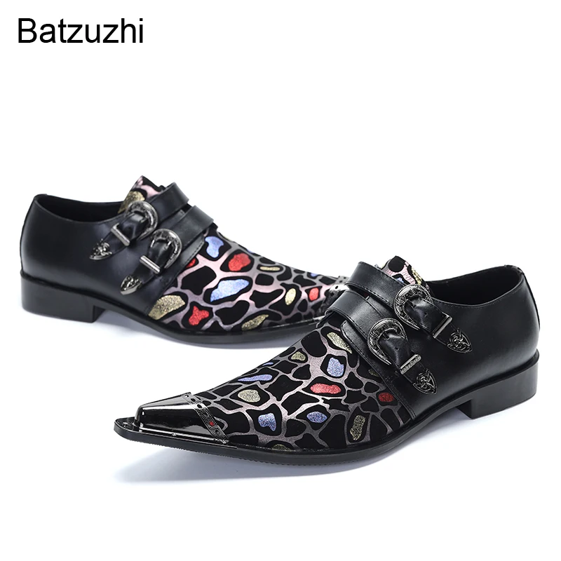 

Batzuzhi Formal Genuine Leather Shoes Men Italian Type Buckles Pointed Metal Tip Black Business, Party and Wedding Shoes Men!