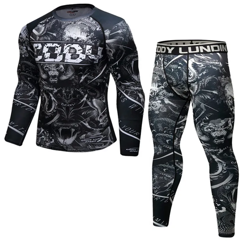 Men Sport kickboxing Set Compression T-Shirt+Pants Skin-Tight Long Sleeves Fitness Rashguard MMA Training Clothes Jerseys set