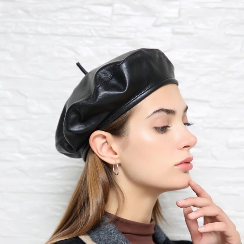 Europe/America Fashion Genuine Leather Beret Caps Women Female Retro Black 54-59 cm Fitted Painter Hat Mujer Streetwear Beanie