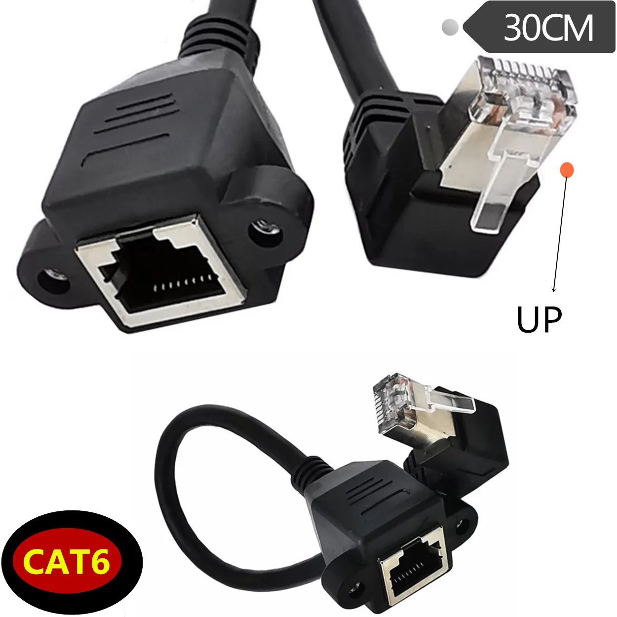 8Pin RJ45 كابل ذكر إلى أنثى برغي لوحة جبل شبكة إيثرنت محلية 8 دبوس 90 درجة زاوية الحق تمديد كابل 0.3 متر 0.6 متر