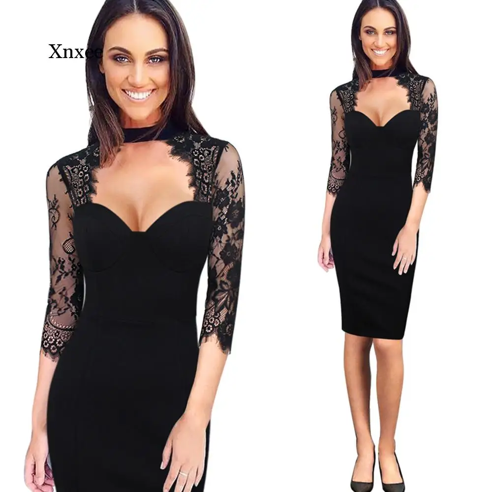 Black Lace Lace Stitching 3/4 Sleeve Dress Sexy Women Knee Length Spring Autumn Bodycon Bandage V Neck Midi Dresses Clothing