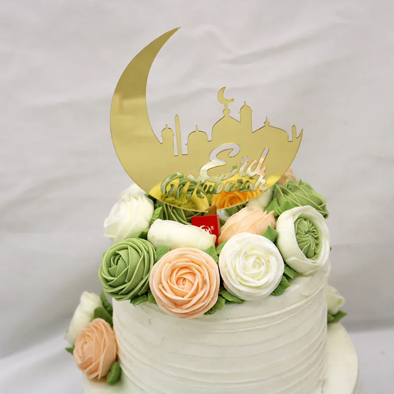 Acrylic Ramadan Cake Topper Gold Mirror Eid Mubarak Cupcake Topper Flag For Hajj Mubarak Cake Decorations Muslim Eid Baby Shower