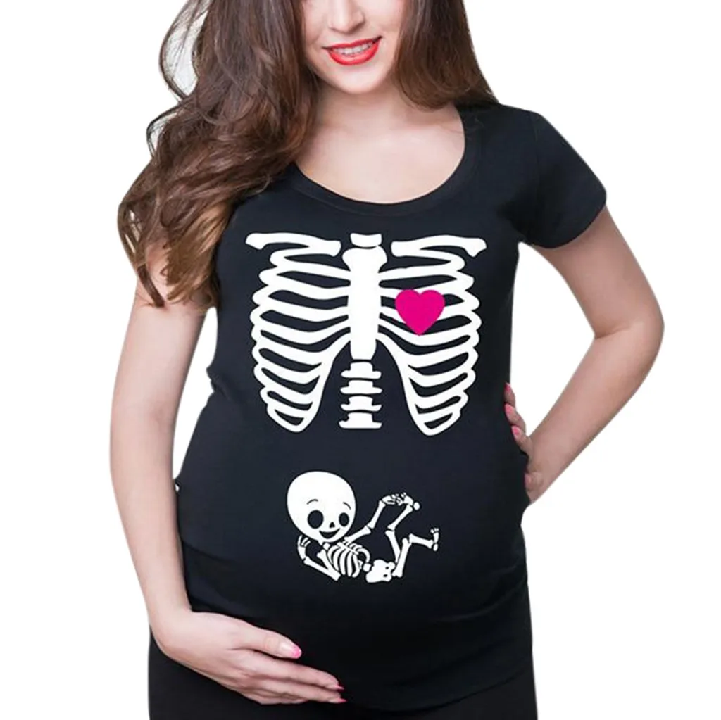 New Fashion Women Pregnant T-shirt Clothing Women Maternity Short Sleeve Skeleton Print Tops T-shirt Casual Pregnant Clothes