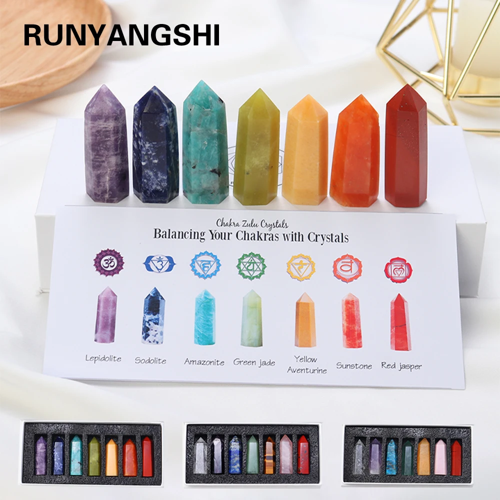 

Runyangshi Natural Stone Chakras Rose Quartz Wand Yoga Balances Energy Crystal Point Set Ornaments Gifts