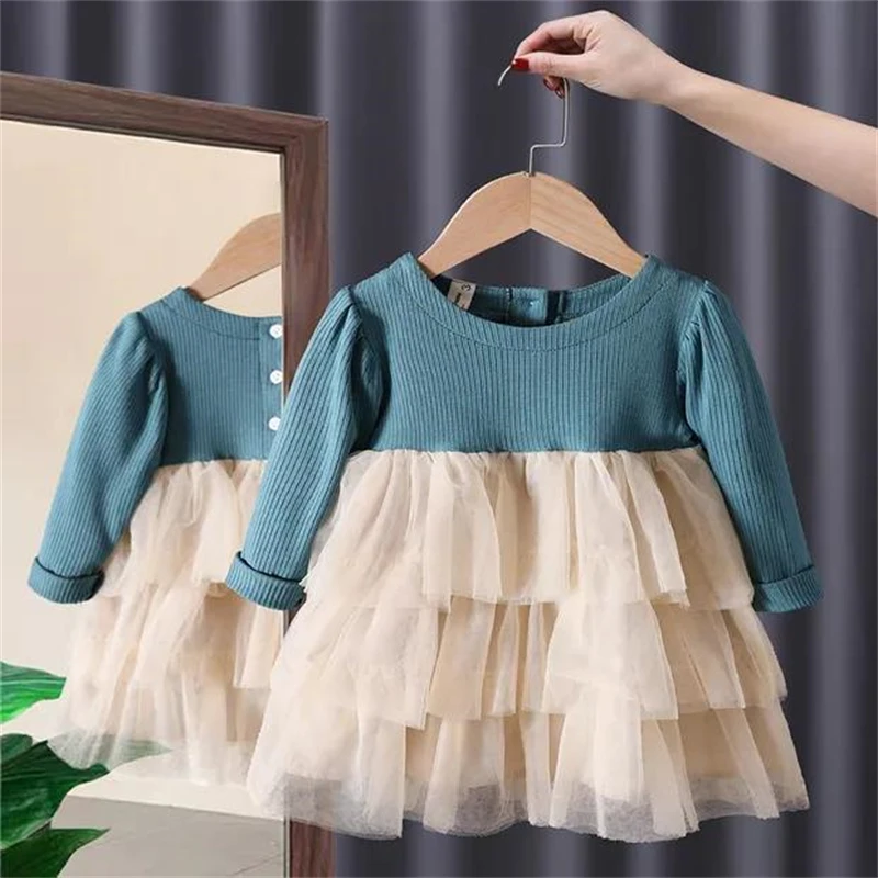 Baby Girl\'s Dress Spring Autumn Cute Lace Mesh Stitching Dress Birthday Party Clothes Toddler Kids Elegant Princess Dress