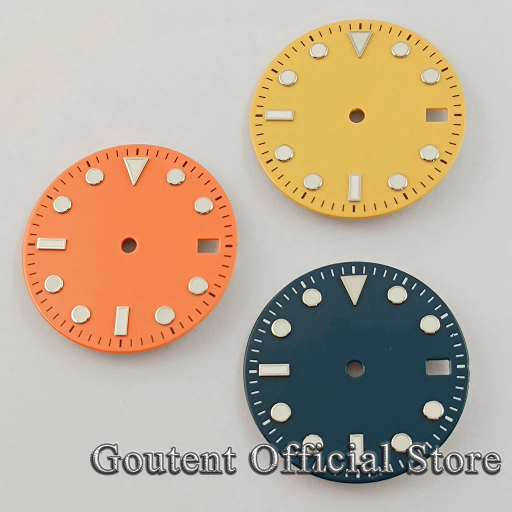 Goutent 29mm Blue/Orange/Yellow Sterile Watch Dial Date Fit NH35 NH35A Movement