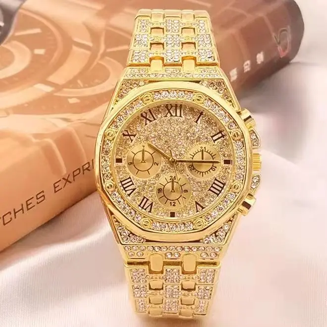 Mens Watches Luxury Hiphop full Iced Out Watch Gold Diamond Rhinestone Watch for Men Wristwatch Relogio Masculino  reloj hombre