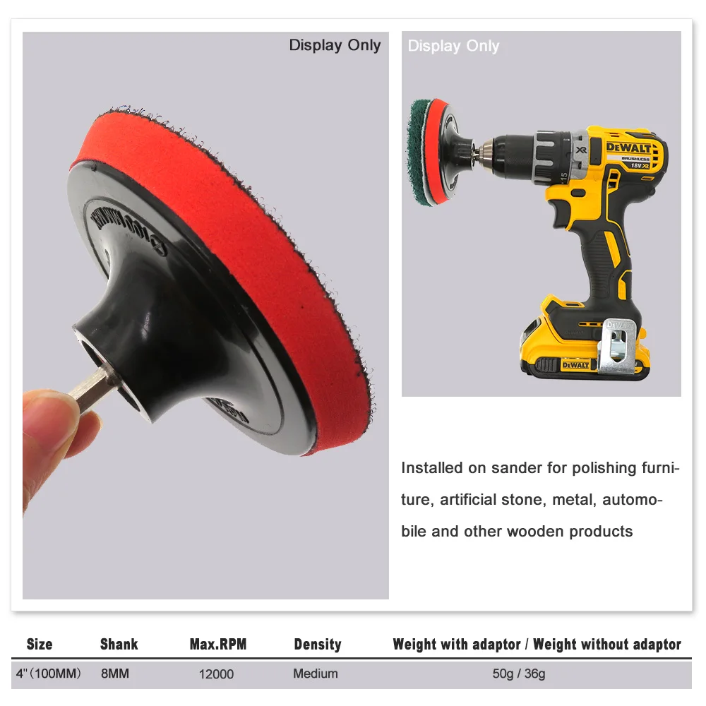 4 Inch(100mm) Hook and Loop Buffing Pad for Sanding Discs, Rotary Backing Pad with M10 Drill Adapter and Soft Foam Layer