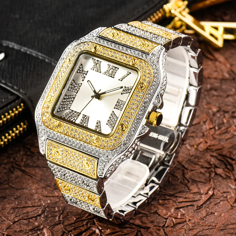 Imagem -06 - Completa Bling Iced para Fora Relógio para Homem Hip Hop Rapper Quartzo Relógios dos Homens Relógio de Pulso Clasic Quadrado Case Diamante Reloj Hombre Dropship