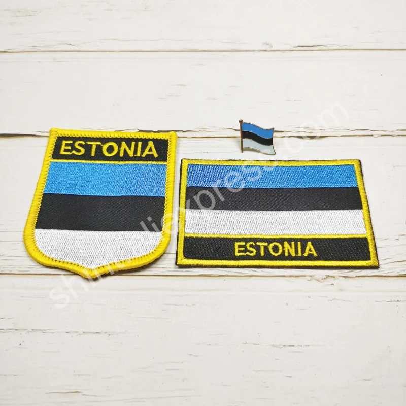 Estonia National Flag Embroidery Patches Badge Shield And Square Shape Pin One Set On The Cloth Armband   Backpack  Decoration