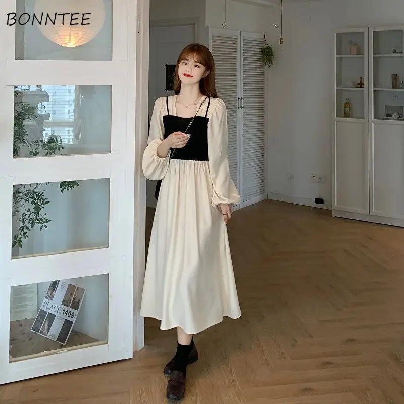 Long Sleeve Dress Women Patchwork Fake 2 Pieces Elegant All-match Simple Fashion New Ulzzang Vestido Lady Cozy Streetwear Retro