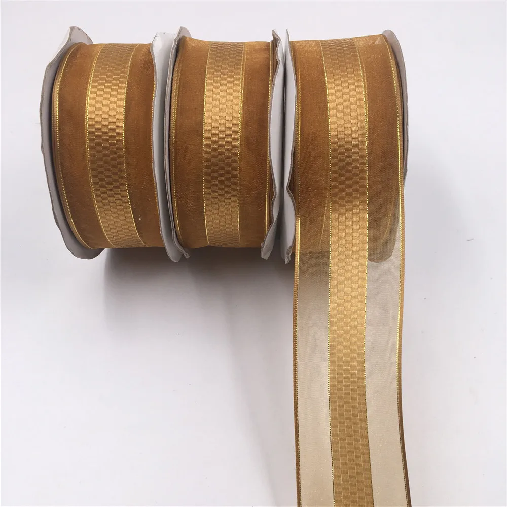 

25Yards 38MM Wired Edge Sheer Edges Jacquard Lattice Check Golden Ribbon for Birthday Decoration Chirstmas Gift DIY Wrapping