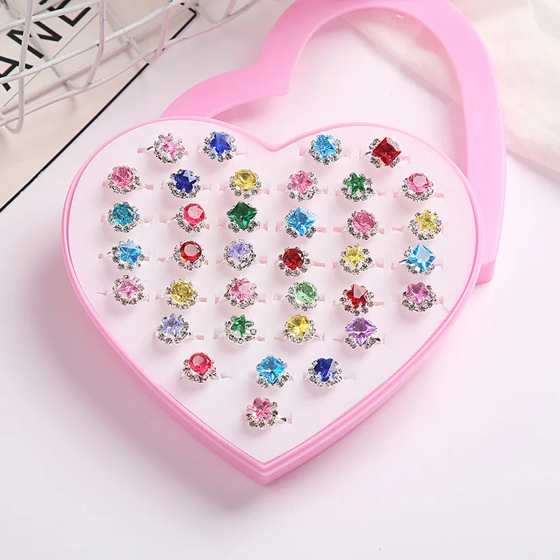 12/24/36 Pcs Fashion Kids Rings Jewelry Child Adjustable Cartoon Rings For Girls Flower Heart Alloy Finger Ring Toy Party Gift