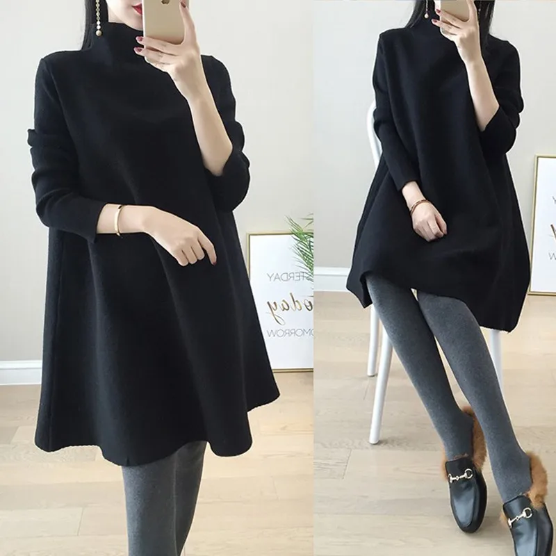 6336# Autumn Winter Black Knitted Maternity Sweaters Chic Ins Loose A Line Shirts Clothes for Pregnant Women Pregnancy Tops