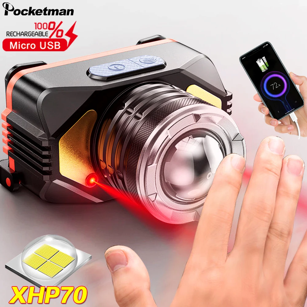 

Ultra Bright XHP70 LED Headlamp Body Motion Sensor Headlight USB Rechargeable Head Light Can be Used as Power Bank