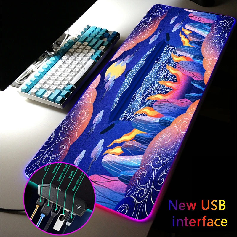 

MRGLZY 40*80CM RGB Gaming Mouse Pad LED USB Hub The Yunnan Myth Mousepad Large Multi-interface Games Computer Desk Mat for Csgo