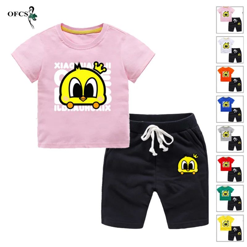 

New Summer Cool Children Suit Pure Cotton Baby Short Sleeve T-shirt +Beach Shorts Clothes Boy's Girl's Clothing Cartoon 2Pcs Set