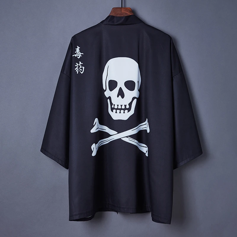 

#4263 Black Skull Printed Kimono Jacket Men Hip Hop Jacket Unisex Cardigan Sunscreen Men Coat Unisex Loose Thin Kimono Outerwear