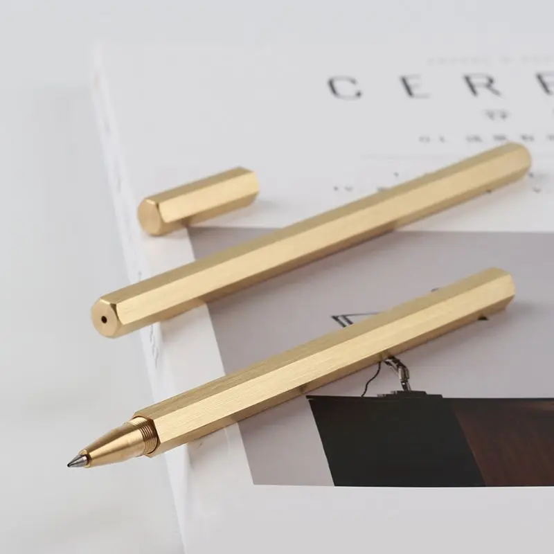 

Hexagon 0.5mm Gel Pen Handmade Brass Liquid Roller ball Pen Drop shipping