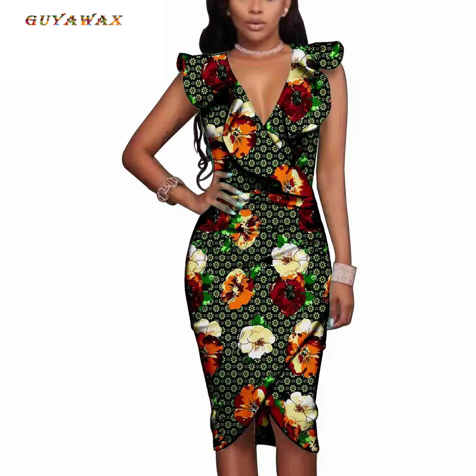 Women Elegant Bodycon Dresses V Neck Ankara 100% Cotton High Waist Office Ladies Work Wear Package Hip African Fashion Spring