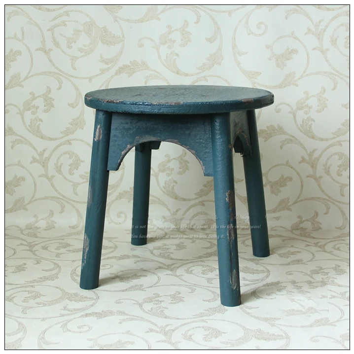 Shabby Chic Old Solid Wood Stool, Four Round Legs, Round Top