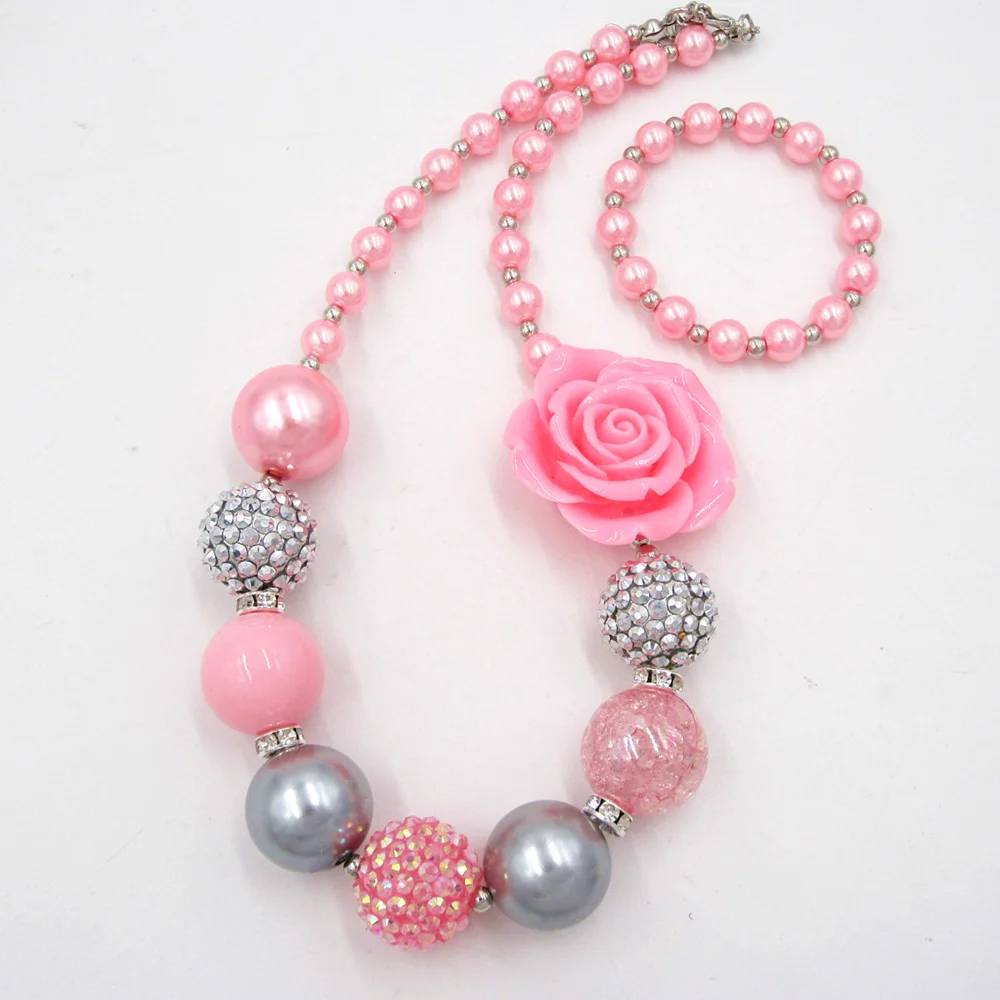 2023 Fashion Kids Girls Lovely 42mm Resin Pink Flower Match Up With Dress Pearl Chunky Necklace Bracelet 1Set Toy Gift For Child