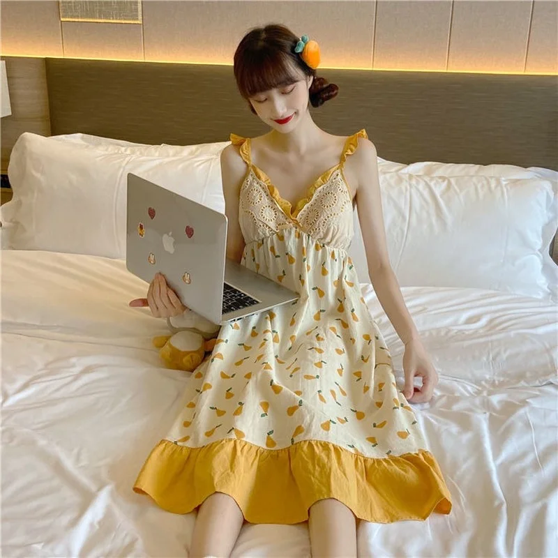 Women Nightgowns Sleeveless Ruffles Spaghetti Straps Girls Sweet Cute Printed with Padded Sleepdress Summer Thin Nightwear Loose