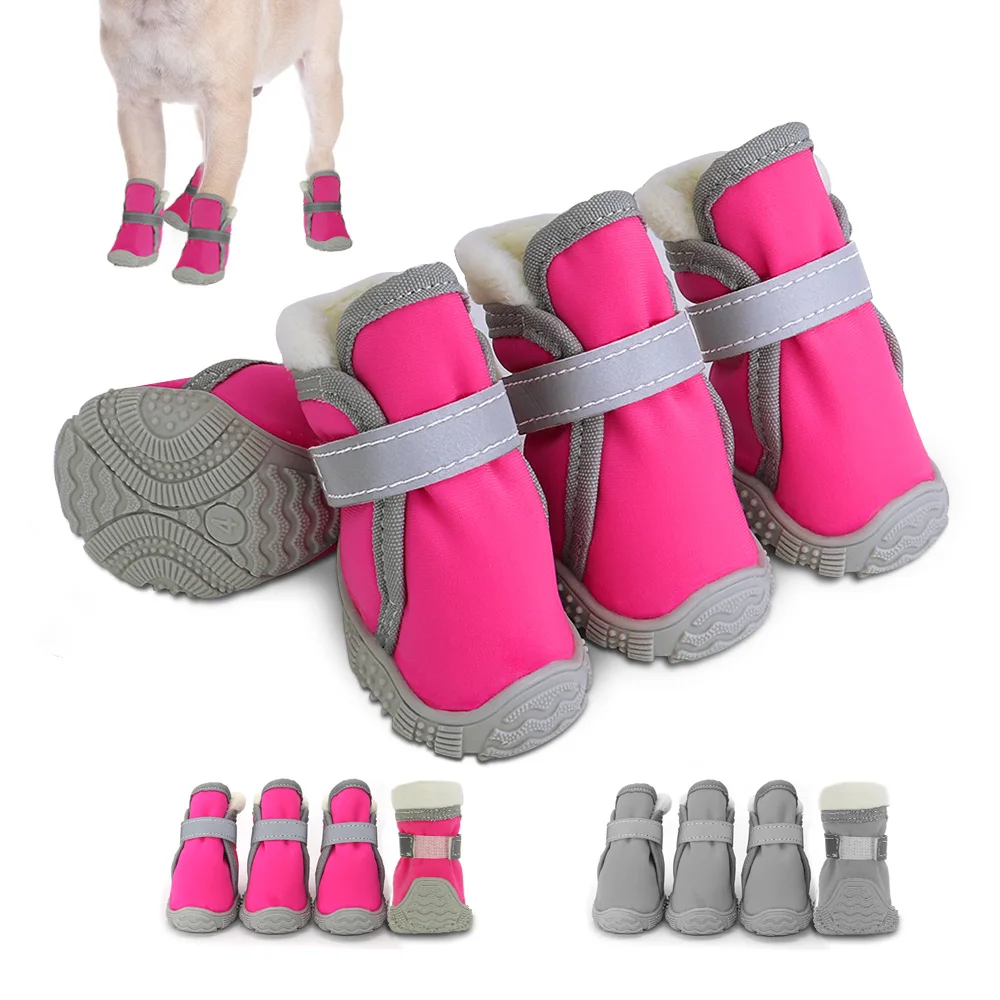 

4pcs/set Waterproof Dog Shoes Winter Super Warm Pet Dog Boots Cotton Anti Slip Reflective Shoes For Small Medium Large Dogs