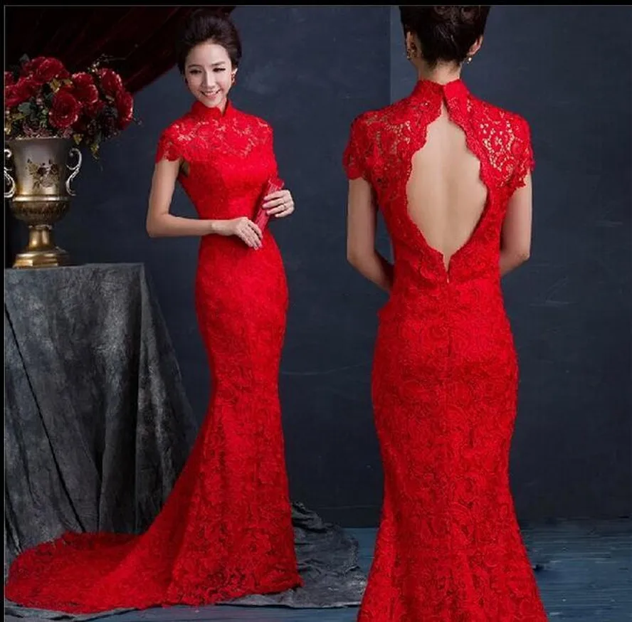 

Red Lace Evening Dresses 2024 Sexy High Neck Backless Vintage Full Length Mermaid Formal Prom Party Gowns robe de sorie