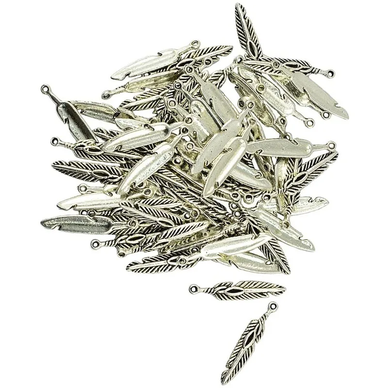 50Pieces Antique Silver Feather Dream Catcher Charms Pendants Connectors Set for DIY Jewelry Making Necklace Craft Accessories