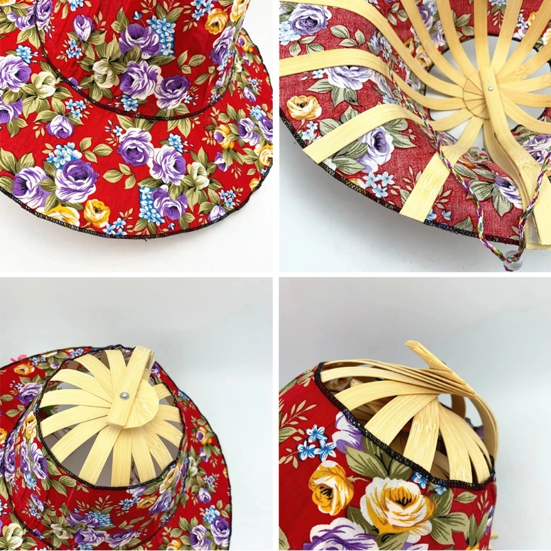 Bamboo Foldable Hand Fan Sun Hat Women Sunhat Hat with 2 in 1 Foldable Chinese Style Bamboo Frame Floral Printed