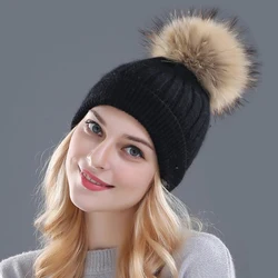 Xthree Winter Knitted Hat Cashmere Beanies  With Real Raccoon Fur Pom Poms Skullies Hat for Women Girls Hat Feminino