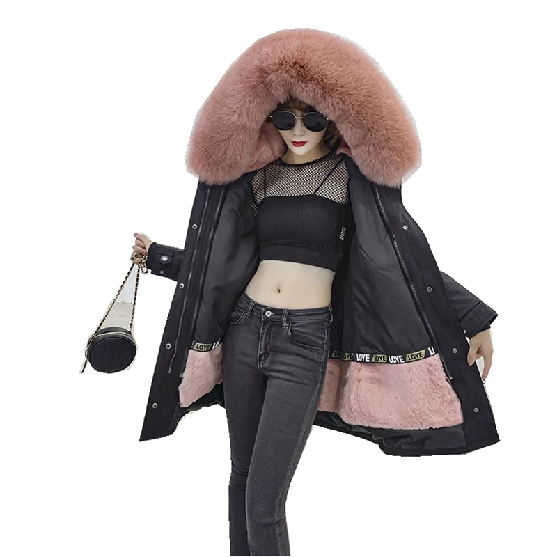 

Luxury Fur Parka Winter Women Coat Warm X-Long Parkas Real Rabbit Fur Lining Fox Hoody LF9037