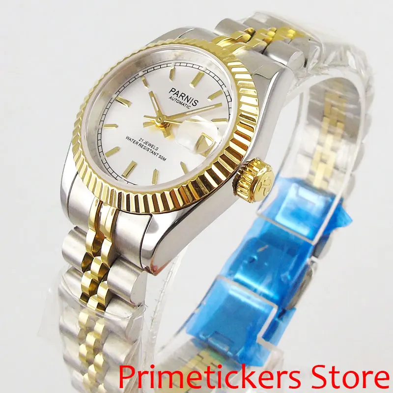 26mm stainless steel gold plated strap automatic movement date sapphire glass women watch