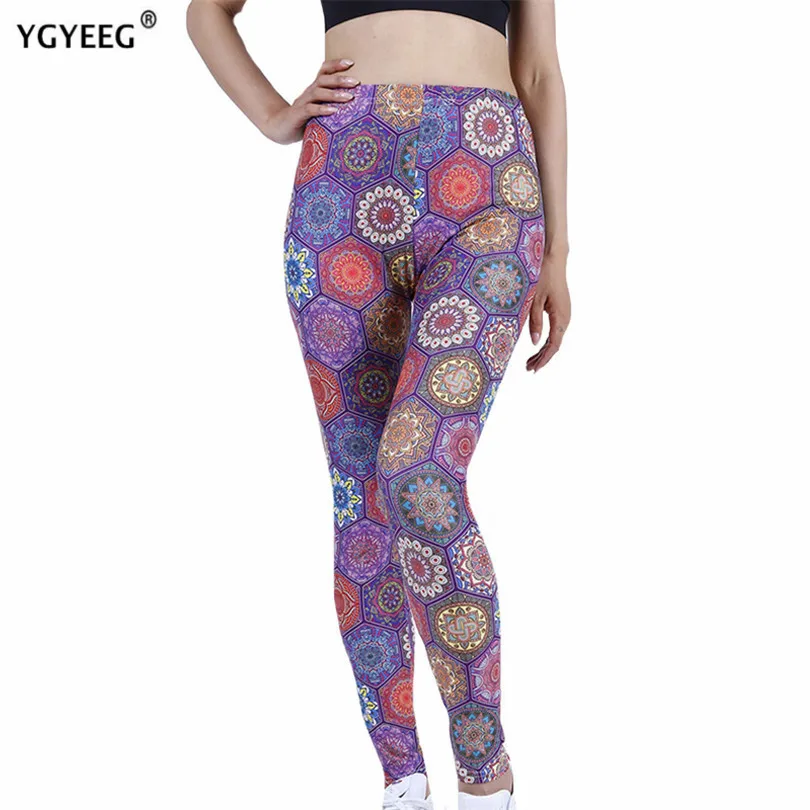 YGYEEG kobiety legginsy Fitness wysokiej talii Push Up poliester sześciokąt druk kwiatowy wzór treningu Jeggings Casual spodnie damskie