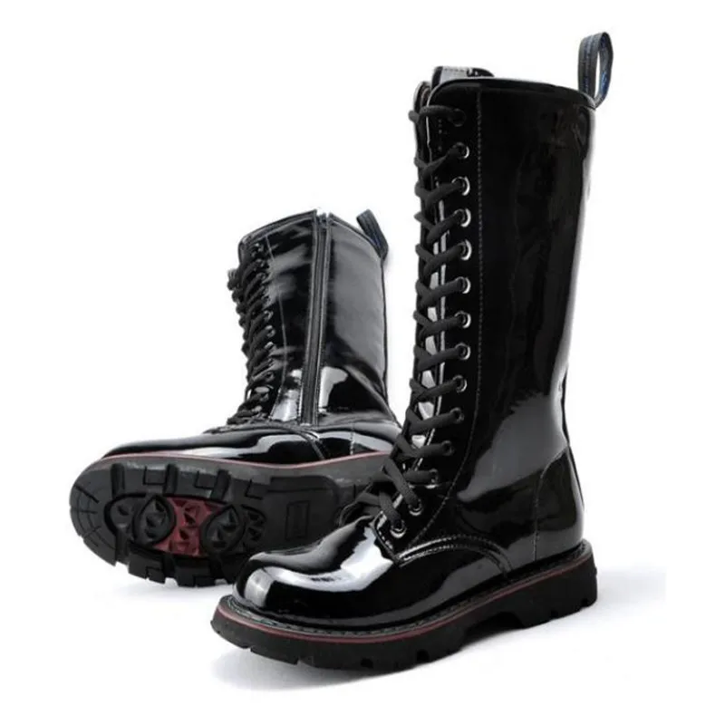 Mens Over Knee High Boots light Leather  Long Waterproof Snowboots Equestrian Motocycle Patent leather punk cowboy boots